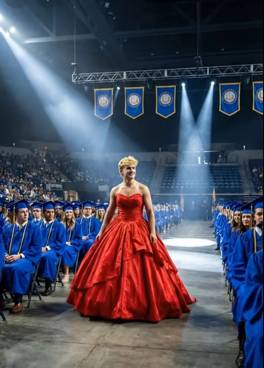 Todos esperaban una graduación normal… hasta que mi hijo apareció con una túnica escarlata.La risa se apagó, los susurros se extendieron y entonces ocurrió algo que cambió para siempre la forma en que cada persona en esa sala entendía el verdadero significado del valor.